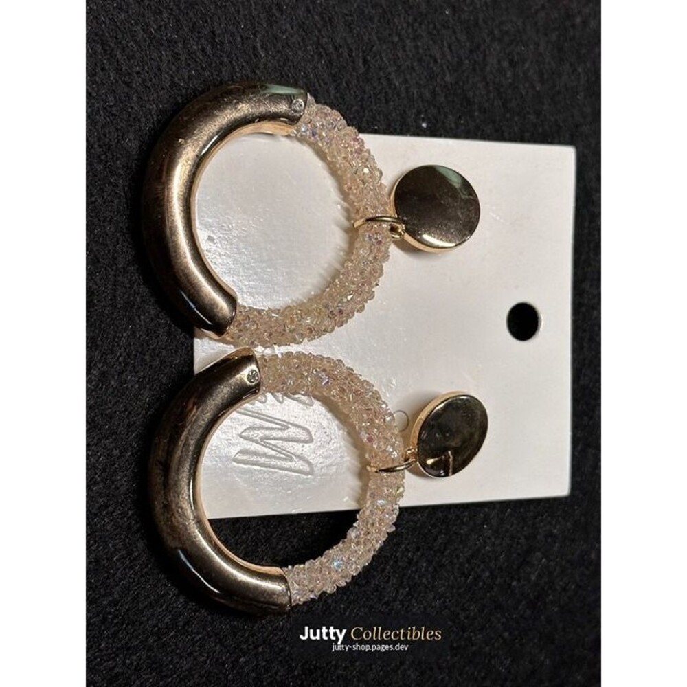 gold tone textured hoop earrings rhinestone dot accent boho chic nwt